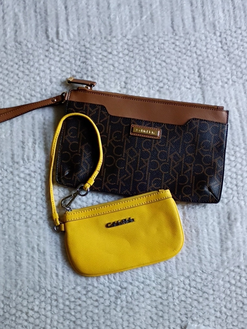 Calvin Klein Yellow Wristlet with Brown Monogram Clutch